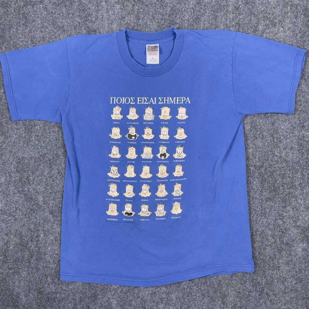 Greek Character Moods Expression Graphic Tee Mens L Blue 1999 Vintage